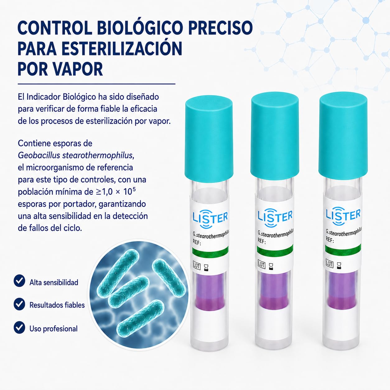 IPO IMPORT ODONTOLOGY - Indicador Biológico LBS144 para Esterilización por Vapor 25Pcs - Autoclave 121-135 °C - Geobacillus Stearothermophilus ATCC 7953 - Resultado en 24 h - Control ISO 11138.