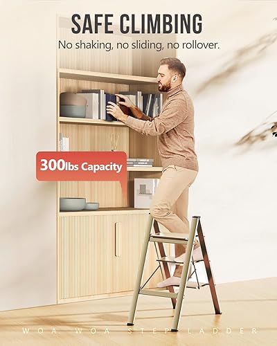 Miniatura 4 de WOA WOA Escalera de 3 escalones, taburete plegable, escalera ligera de aluminio para armario de cocina del hogar, pedales antideslizantes, facilidad