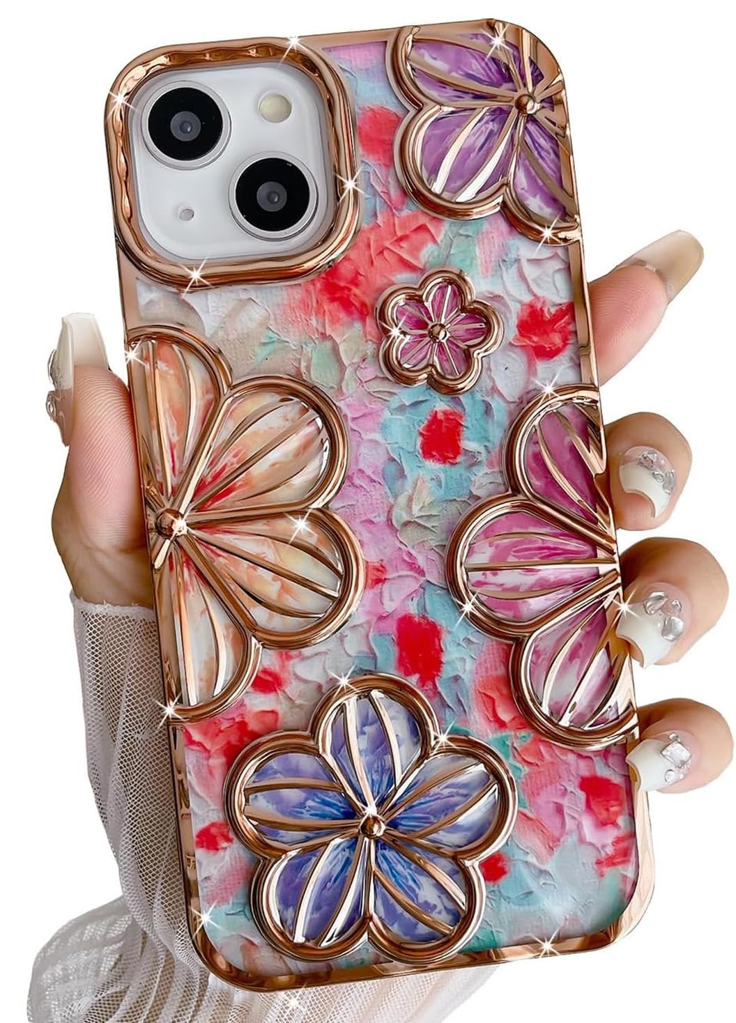 mobistyle Designed for iPhone 13 Cover| Electroplating Bling Colourful Floral 3D TPU Camera Protection Back Cover Case for Women Girls (Gold) (B0D76P3JVY) Amazon Price History, Amazon Price Tracker