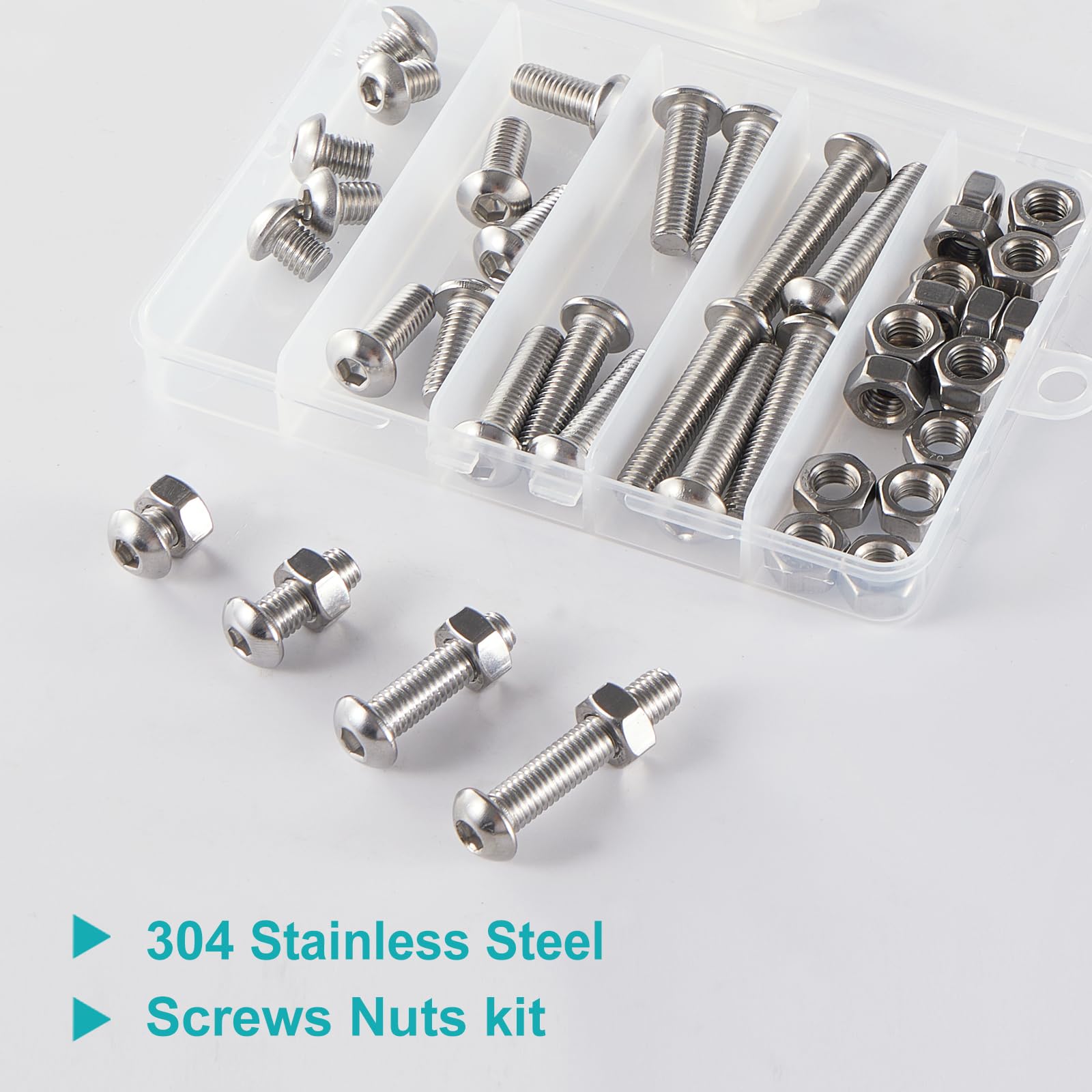 Viti e dadi, M8 x 10 mm, 20 mm, 30 mm, 40 mm, in acciaio inox 304, finitura lucida, filettatura completa, kit assortito da 48 pezzi