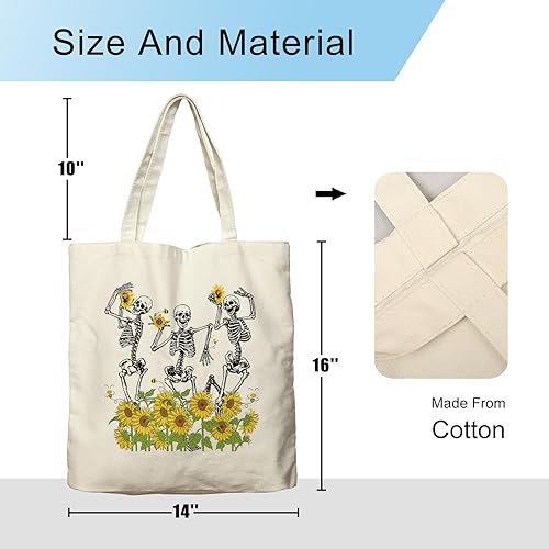 Miniatura 6 de Dlzdn Bolsa de lona con diseño de calavera y girasoles para mujer, estética, divertida bolsa de esqueleto floral, bolsa de compras, bolsa de playa,
