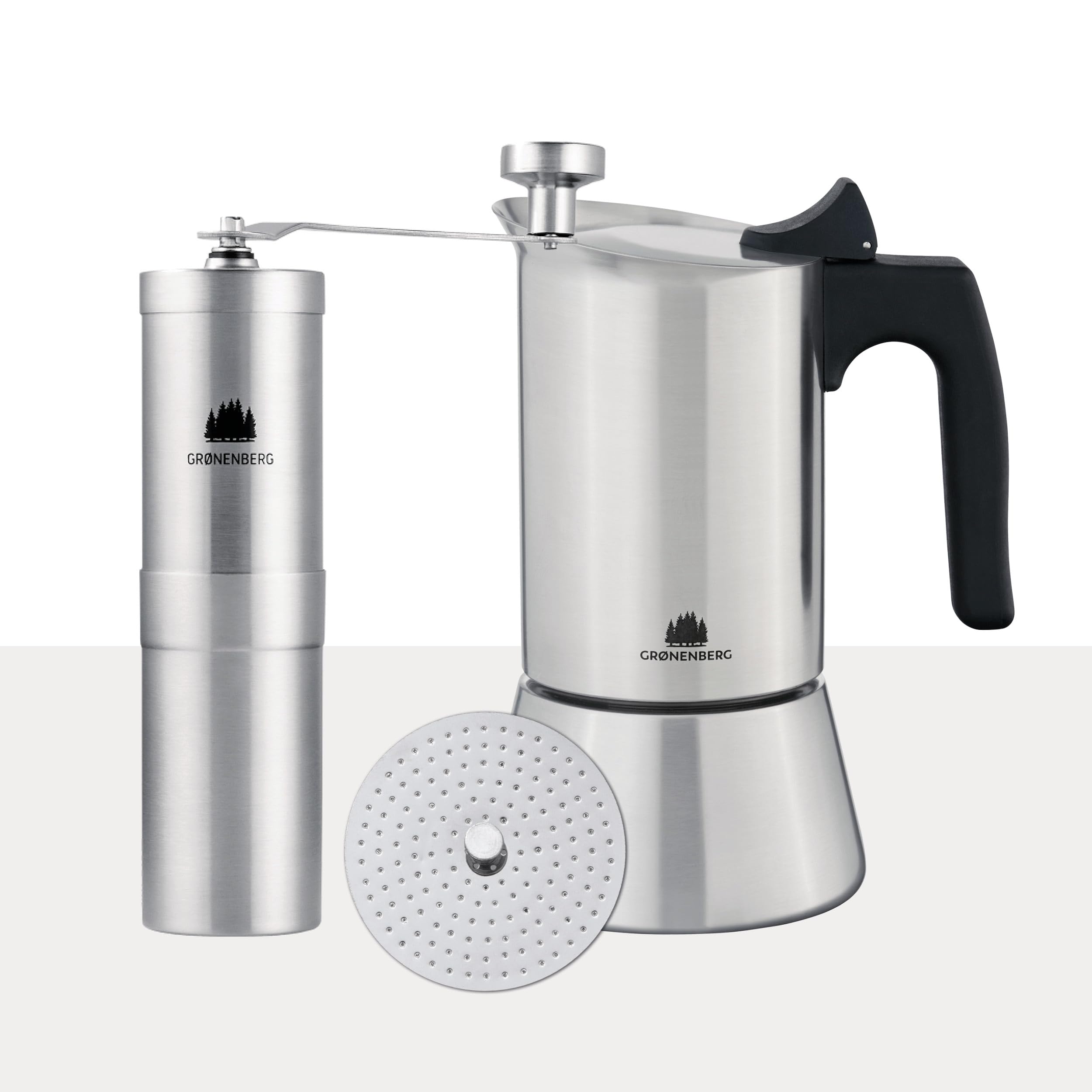 Groenenberg Spar Set 3 | Espressokocher Induktion 6 Tassen + Kaffeemühle manuell | Edelstahl Espressokanne (300ml) + Handkaffeemühle