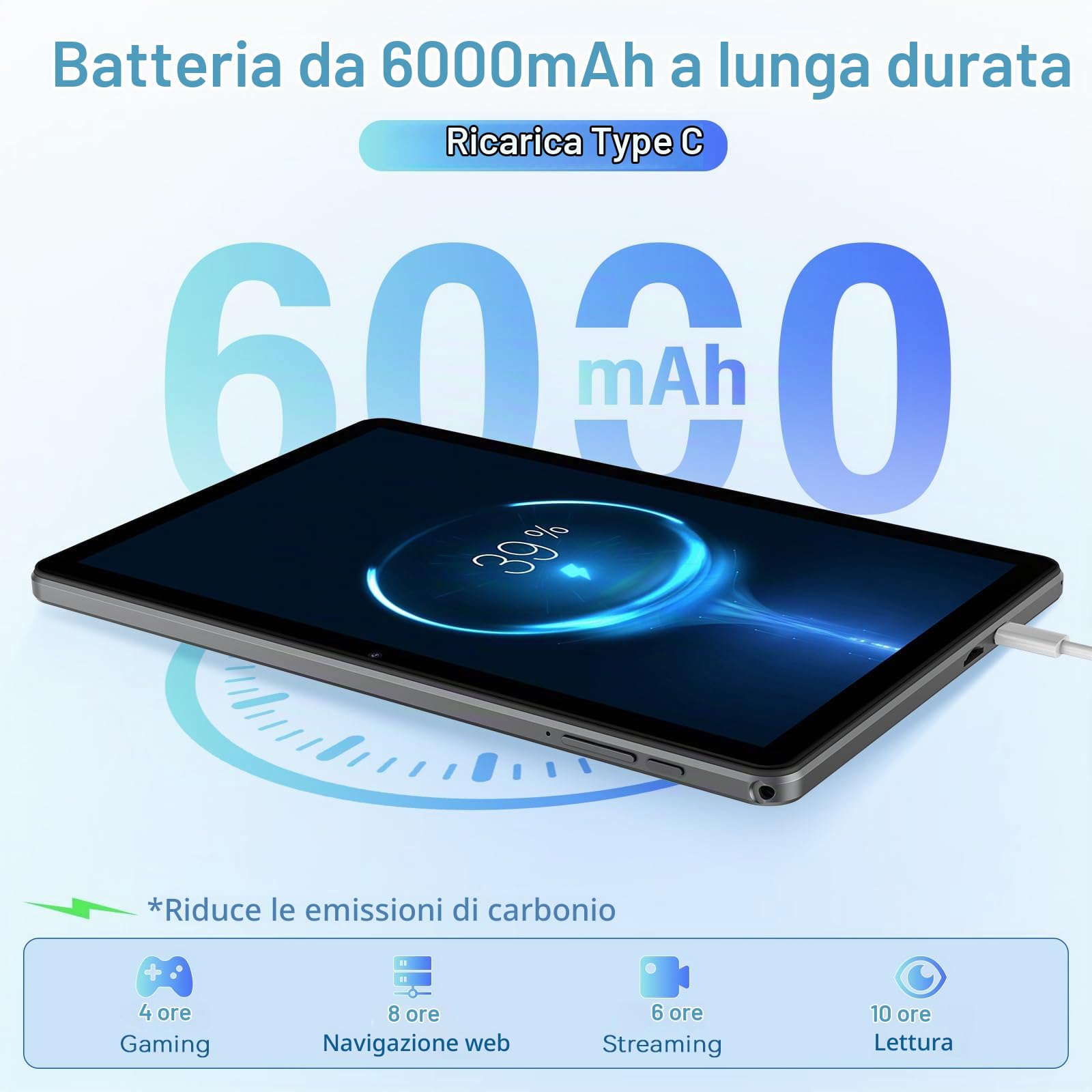 Tablet Android 15 10.1 Pollici, 18GB RAM (6+12) 128GB, T30 Octa-Core, Espansione TF 1TB, Widevine L1, Display IPS HD, 6000mAh, WiFi 2.4/5G, Face ID, GMS, Doppia Fotocamera, Grigio