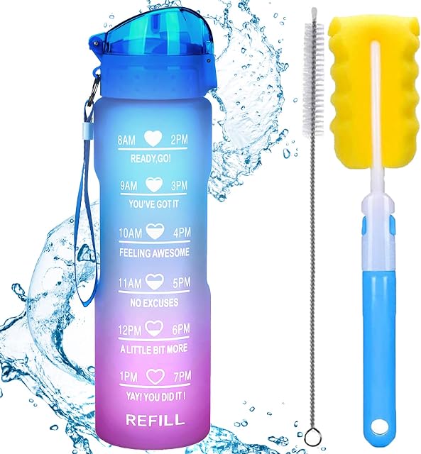 XACIOA 32oz Water Bottle with Straw&Time Markings,Leakproof BPA Free,Ensure You Drink Enough Water Throughout The Day for Fitness and Outdoor Enthusiasts,With Straw and Brush