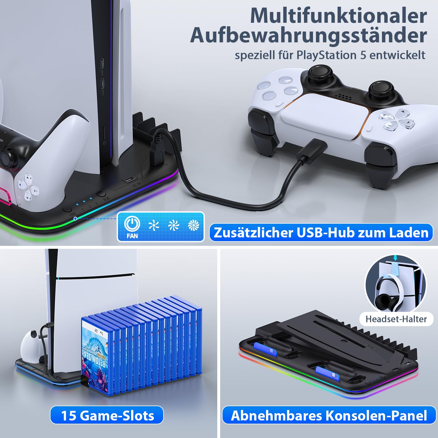 PS5 Stand Kühlstation für PS5/PS5 Slim/PS5 Pro,Vertikalständer mit Ultra-Lüfter und Buntem Licht, Headset-Halterung,PS5-Zubehör,Schwarz