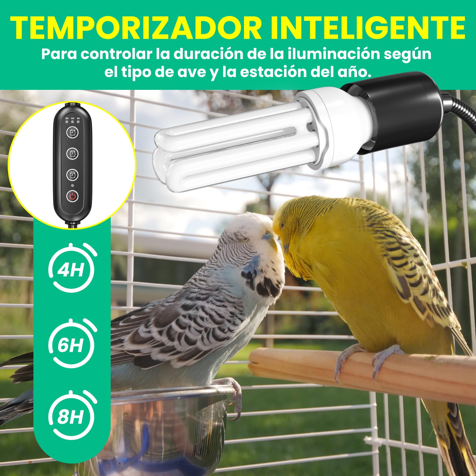 GlowUp Lámpara para Aves Set Completo con Temporizador, Lámpara de Abrazadera con Bombilla UVB 2.4 E27 20W para Aves