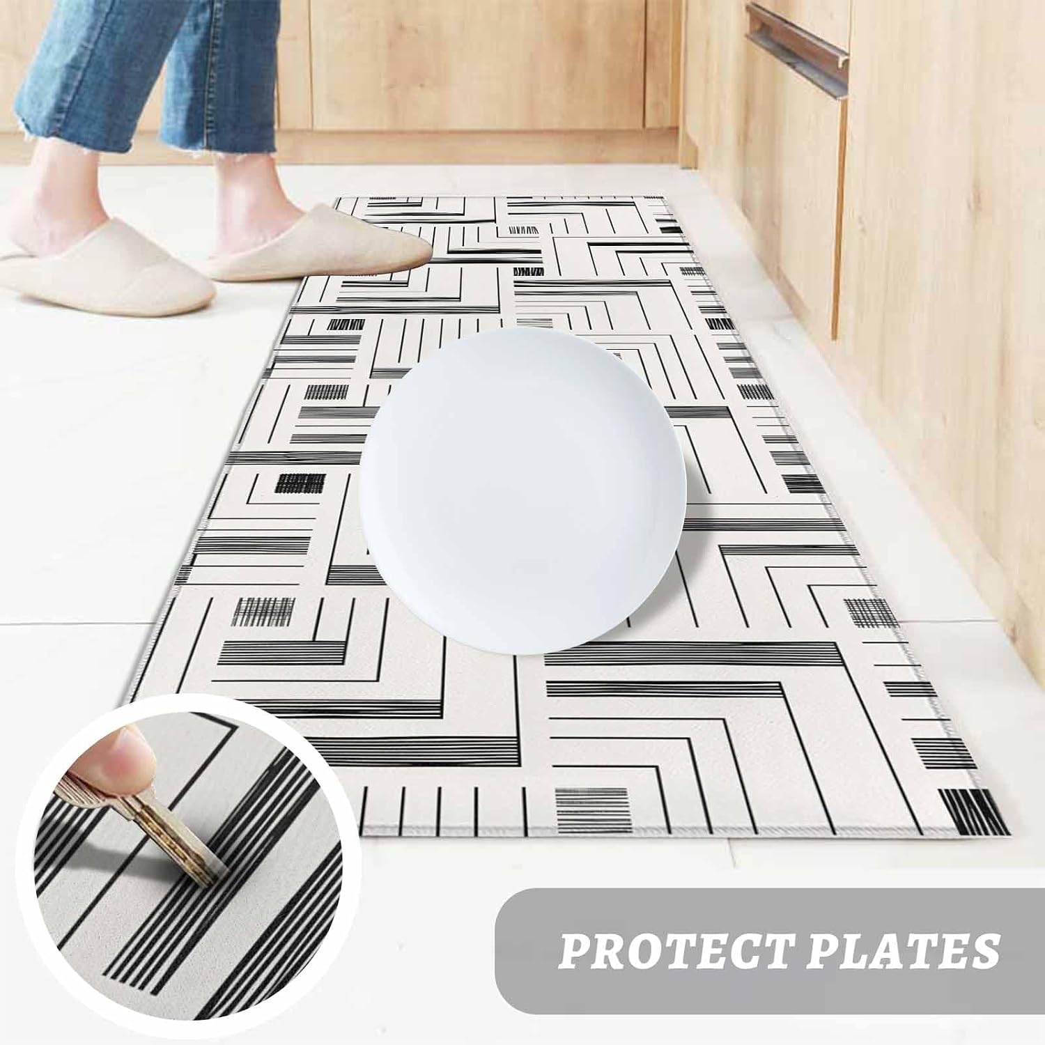 Teamery Kitchen Mats for Floor Gray White Geometric Blocks Washable Non Slip Kitchen Rugs 1PCS, Modern Abstract Art Absorbent Standing Mats for Sink Bathroom Office Living Room 23.6x70.9in