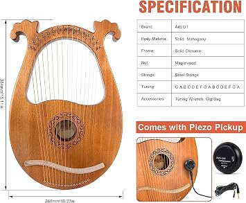 Lyre Harp,AKLOT 16 Metal Strings Harp Deer Head Solid Okoume lyra with Tuning Wrench Spare Strings and Black Gig Bag