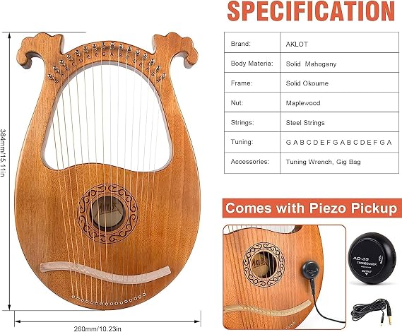 Lyre Harp,AKLOT 16 Metal Strings Harp Deer Head Solid Okoume lyra with Tuning Wrench Spare Strings and Black Gig Bag