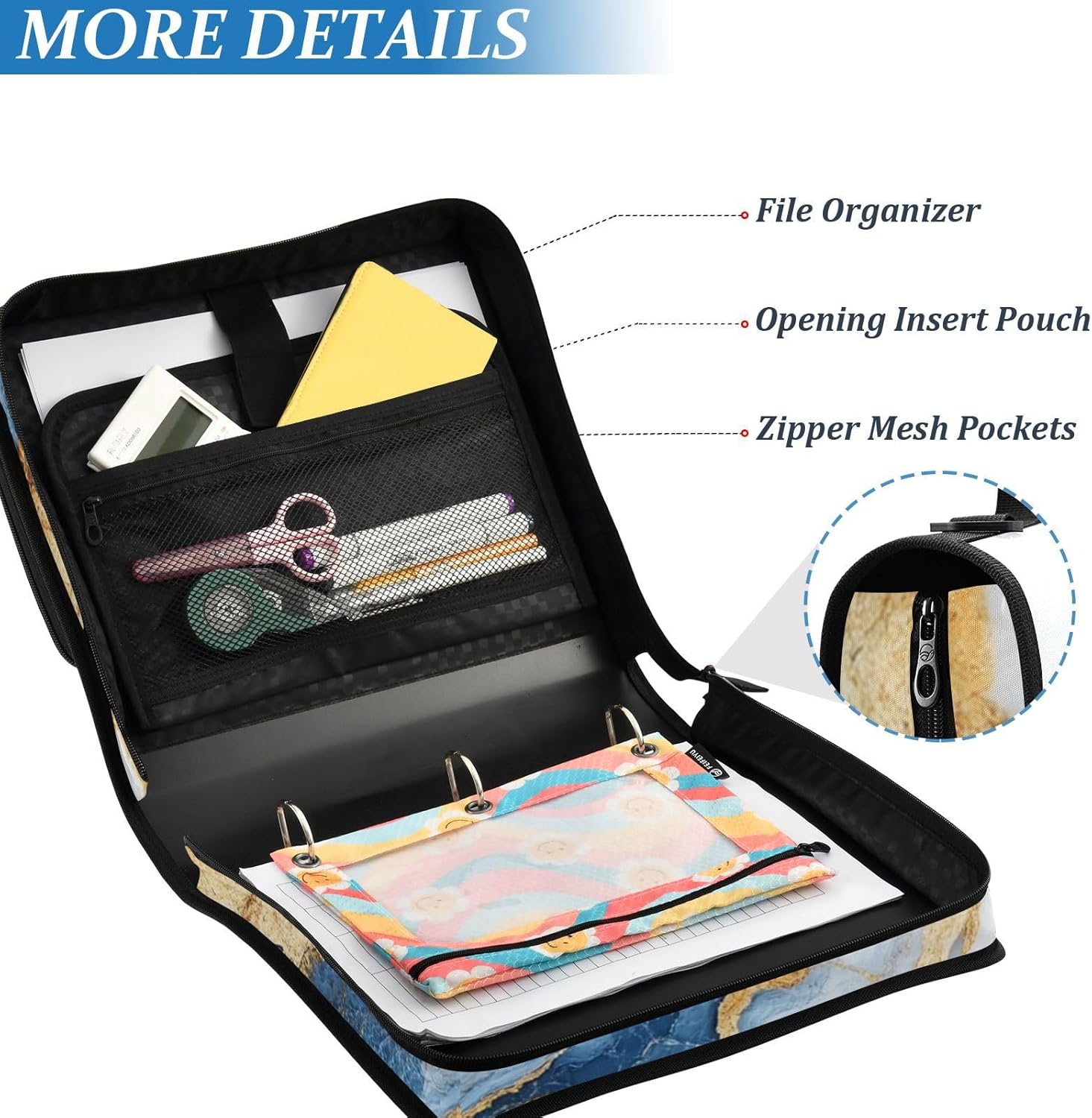 Aslsiy Zipper Binder Marble White Gold Blue 1.5 inch 3-Ring Binder Organizer Trapper Keeper with Shoulder Strap for School Office Supplies