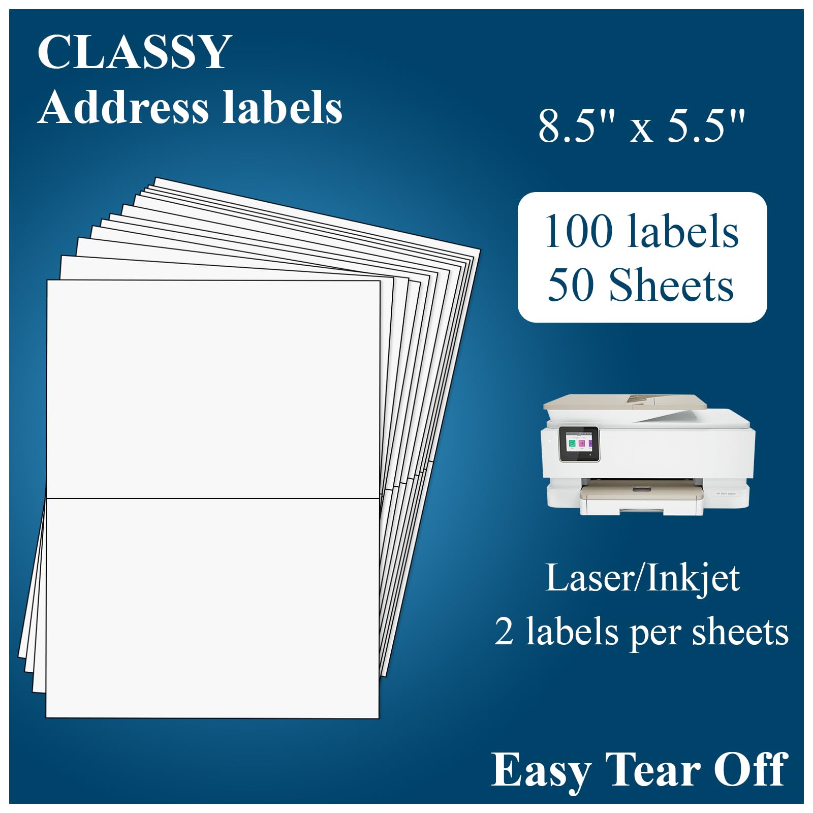 Half Sheet Shipping Label, 2 Per Page Self Adhesive Mailing Labels, 8.5" x 5.5", Laser/Inkjet Compatible, (50 Sheets, 100 Labels)