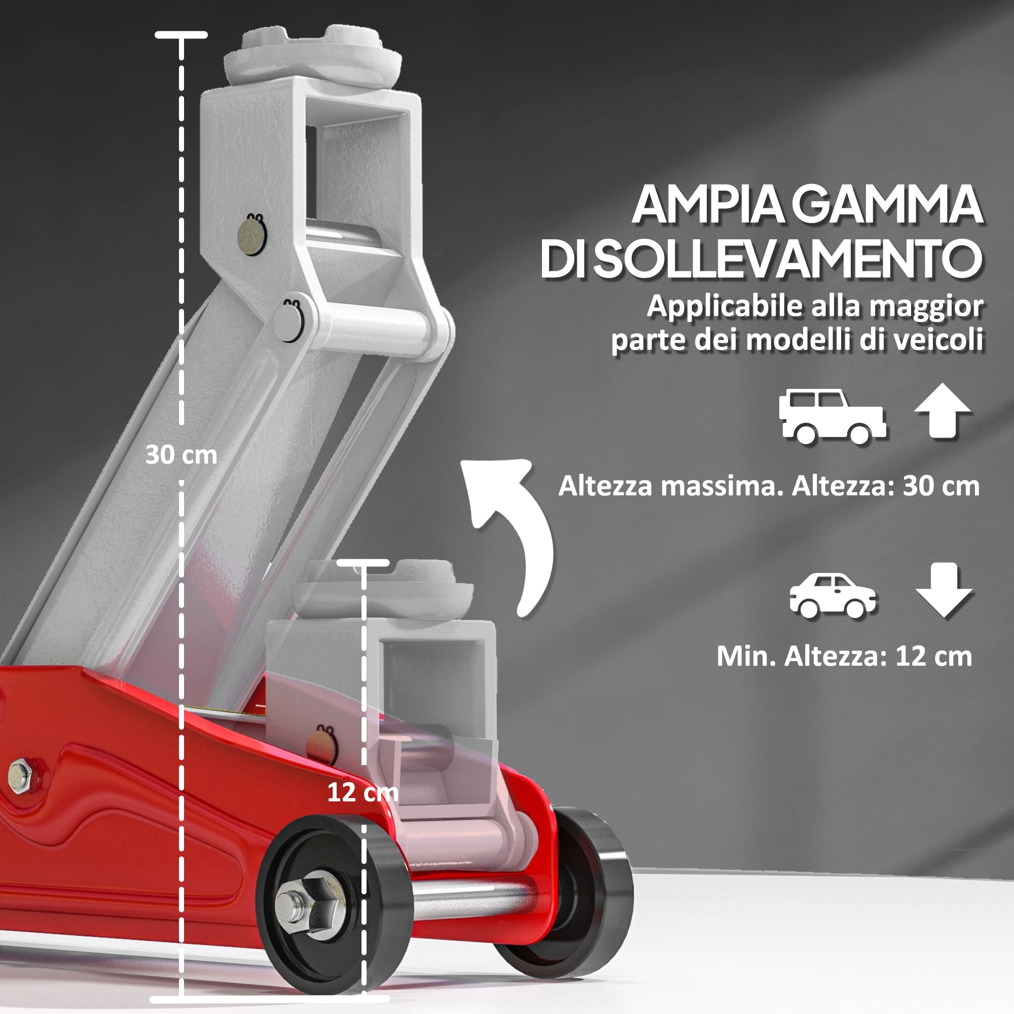HOMCOM Cric Idraulico con Sollevamento 12-30 cm e Capacità 2 Tonnellate, Cric per Auto in Acciaio Rinforzato, Rosso