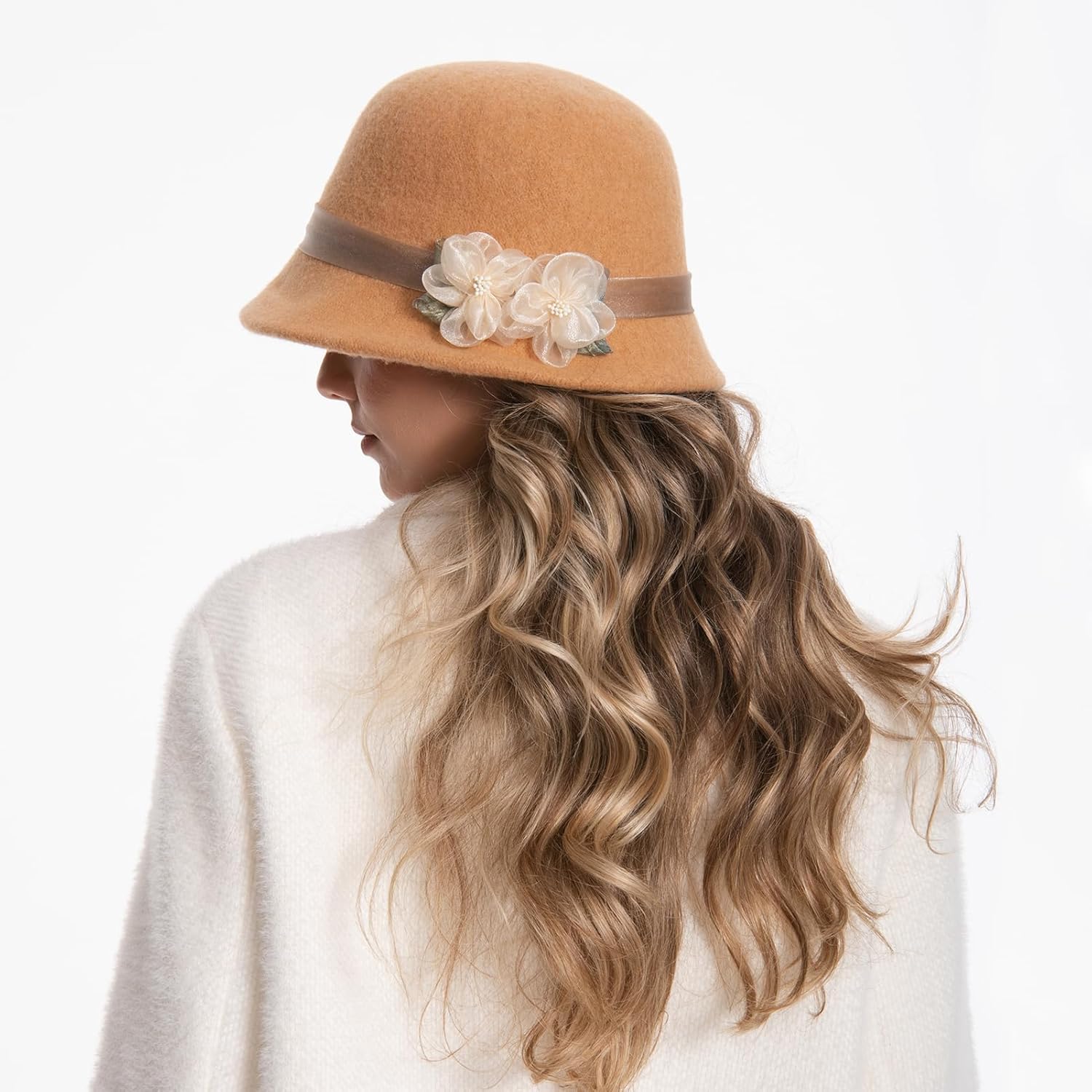 Elegant Wool Felt Flowers Bucket, Women Vintage Cloche Floral Fedora Hat, Ladies Wedding Dress Church Fascinator Hat - Image 6