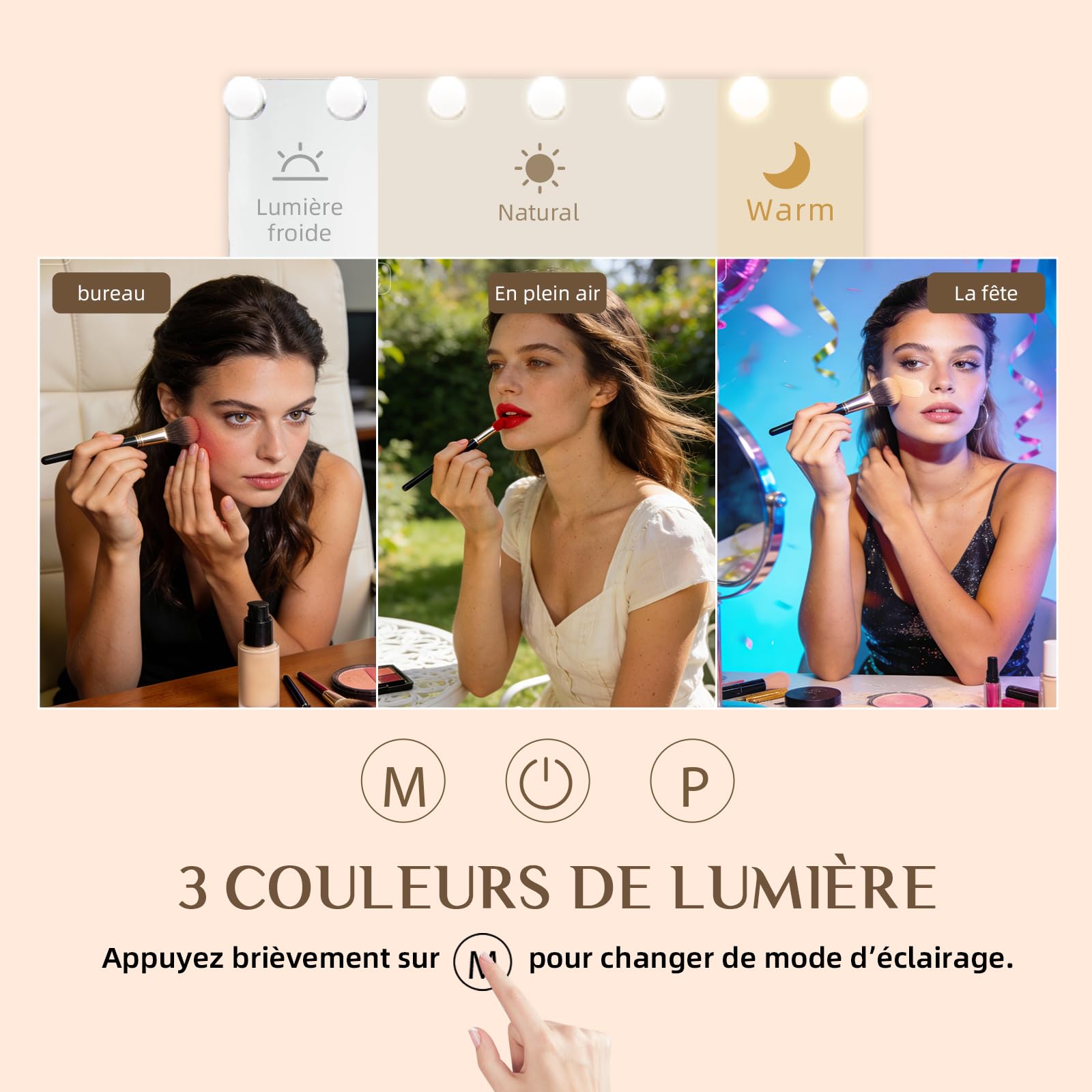 Miroir Coiffeuse de Maquillage 58×46 cm, LED 15  Lampes Super HD Makeup Mirror Hollywood avec Grossissement ×10, 3 Couleurs de Lumière Intensité Réglable, Port USB–pour Femmes et Filles