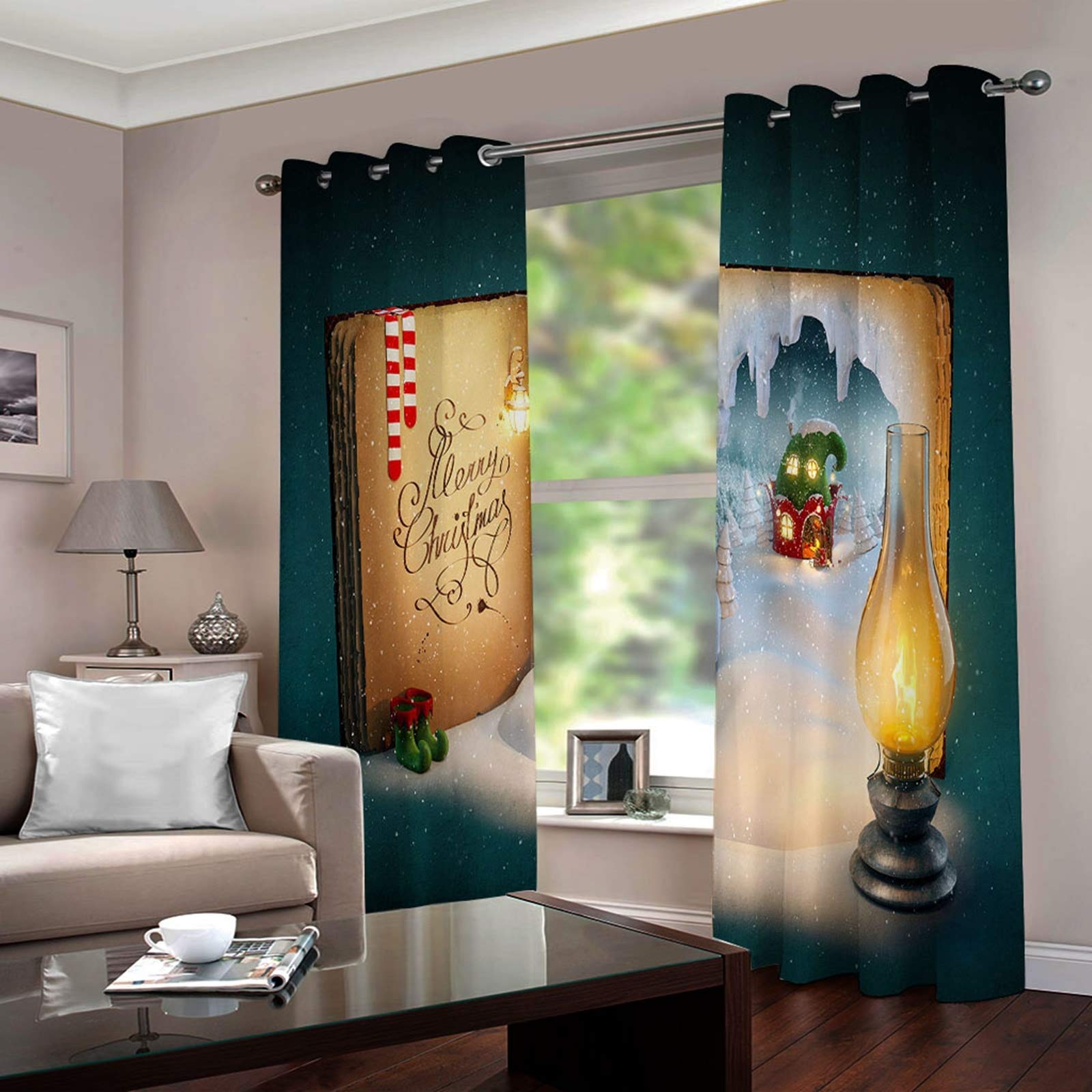 Daesar Tenda Termica Isolante Oscurante 2 Pannelli, Tenda per Salotto Moderno Prenota Tema Natalizio con Lampada A Olio Tenda Finestra Verde Marrone Tenda Oscurante Isolante 137x214CM