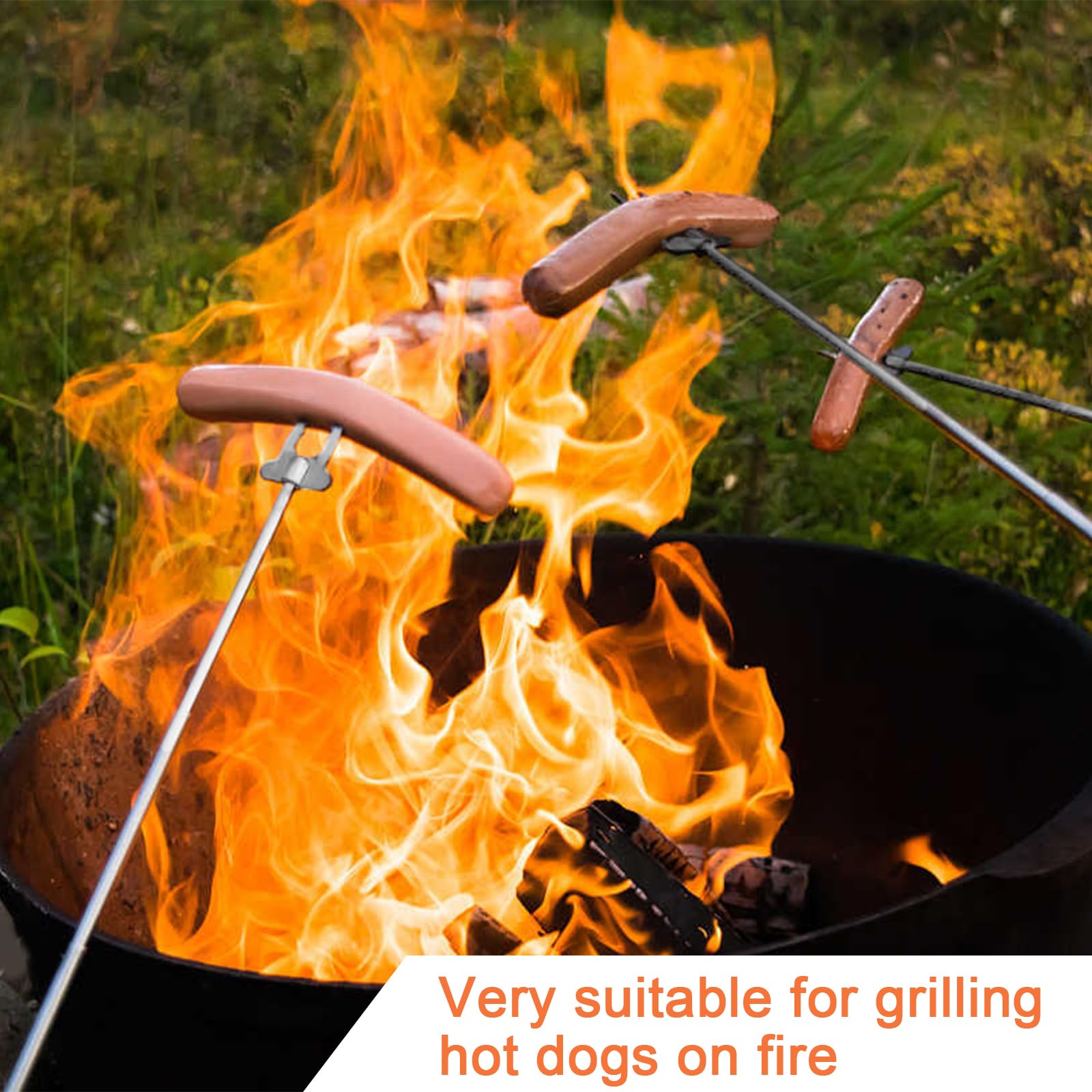 FAELNK Grillspieße Edelstahl Ausziehbar Holzgriff mit Teleskop Blasrohr Grillgabel Ausziehbar 81cm für BBQ Hotdog Teleskop Camping Lagerfeuer Zubehör Ausziehbar Grillgabel