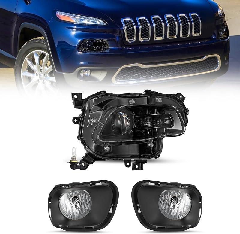 Conjunto de farol dianteiro e farol de neblina halógeno JSBOYAT para Jeep Cherokee 2014–2018, lado direito – 1 unidade