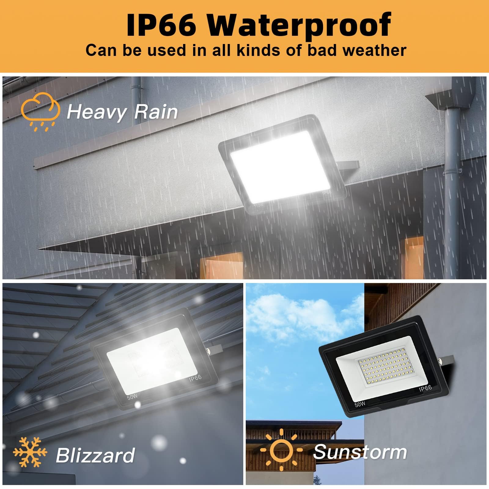 Jefedana 2PCS Outdoor LED Spotlights 50W 10000LM IP66 Waterproof LED Projector 6500K Cool White Floodlight for Garden Garage - Image 4