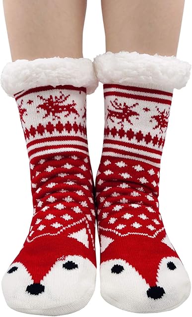LOFIR Slipper Socks Women Winter Warm Thermal Socks Ldies Fleece Lined Fluffy Socks No-Slip Home Floor Bed Socks Girls Cute Animal Cartoon Socks Christmas Socks, size 4-9,1 Pair
