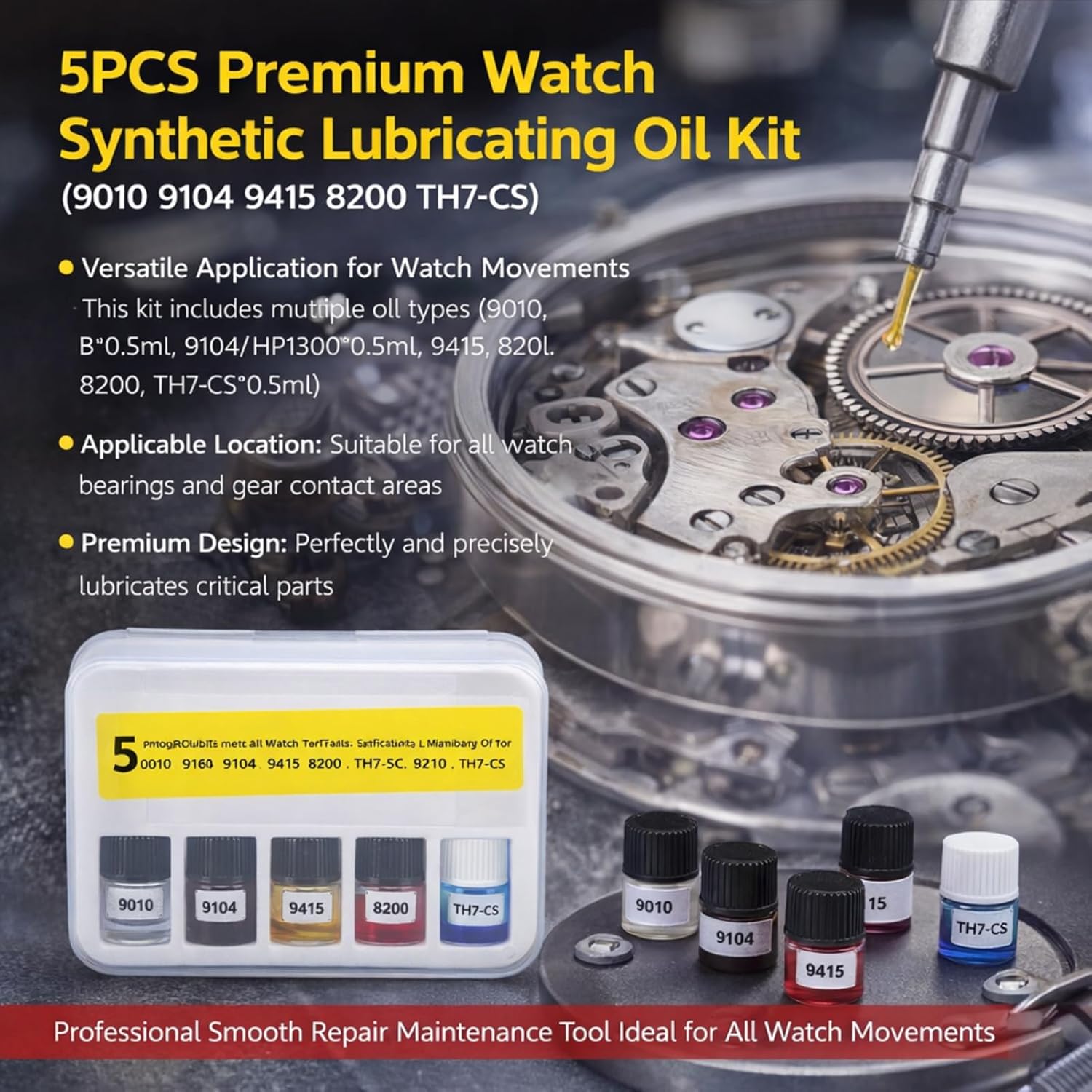 5PCS Premium Watch Synthetic Lubricating Oil Kit – (9010 9104 9415 8200 TH7-CS) Professional Smooth Repair Maintenance Tool Ideal for All Watch Movements, Essential Watch Lubricant & Accessories