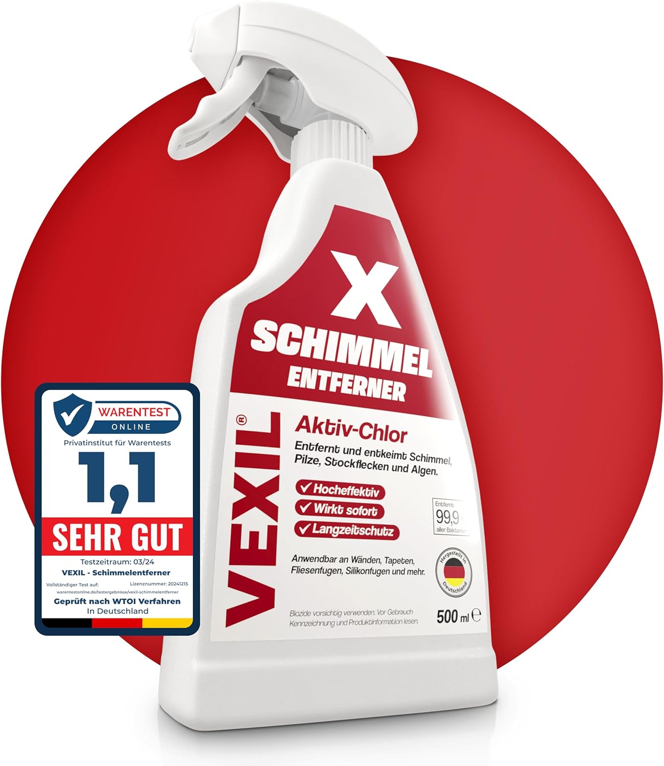 VEXIL Profi-Schimmelentferner 500 ml | Aktiv-Chlor Kraftreiniger | Für Wand, Bad, Fliesenfugen