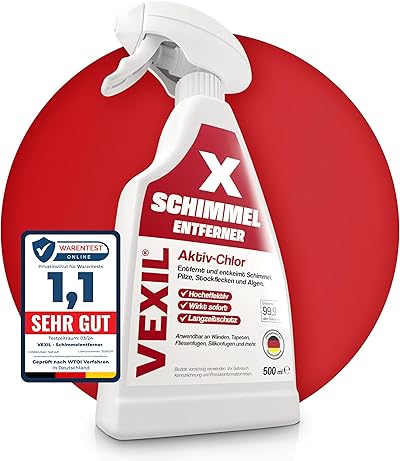 VEXIL Profi Schimmelentferner für Wand, Bad, Fliesen, Fugen & mehr – mit AKTIV-CHLOR und HAFTEFFEKT – Extra starkes Schimmelspray – auch als Fugenreiniger geeignet – 500 ml – Made in Germany