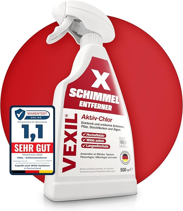 VEXIL Profi Schimmelentferner für Wand, Bad, Fliesen, Fugen & mehr – mit AKTIV-CHLOR und HAFTEFFEKT – Extra starkes Schimmelspray – auch als Fugenreiniger geeignet – 500 ml – Made in Germany