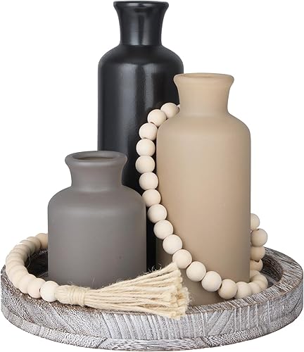 Miniatura 11 de Juego de 5 piezas de centros de mesa rústicos de mesa, juego de 3 jarrones de cerámica boho con bandeja de madera para servir cuentas de madera,