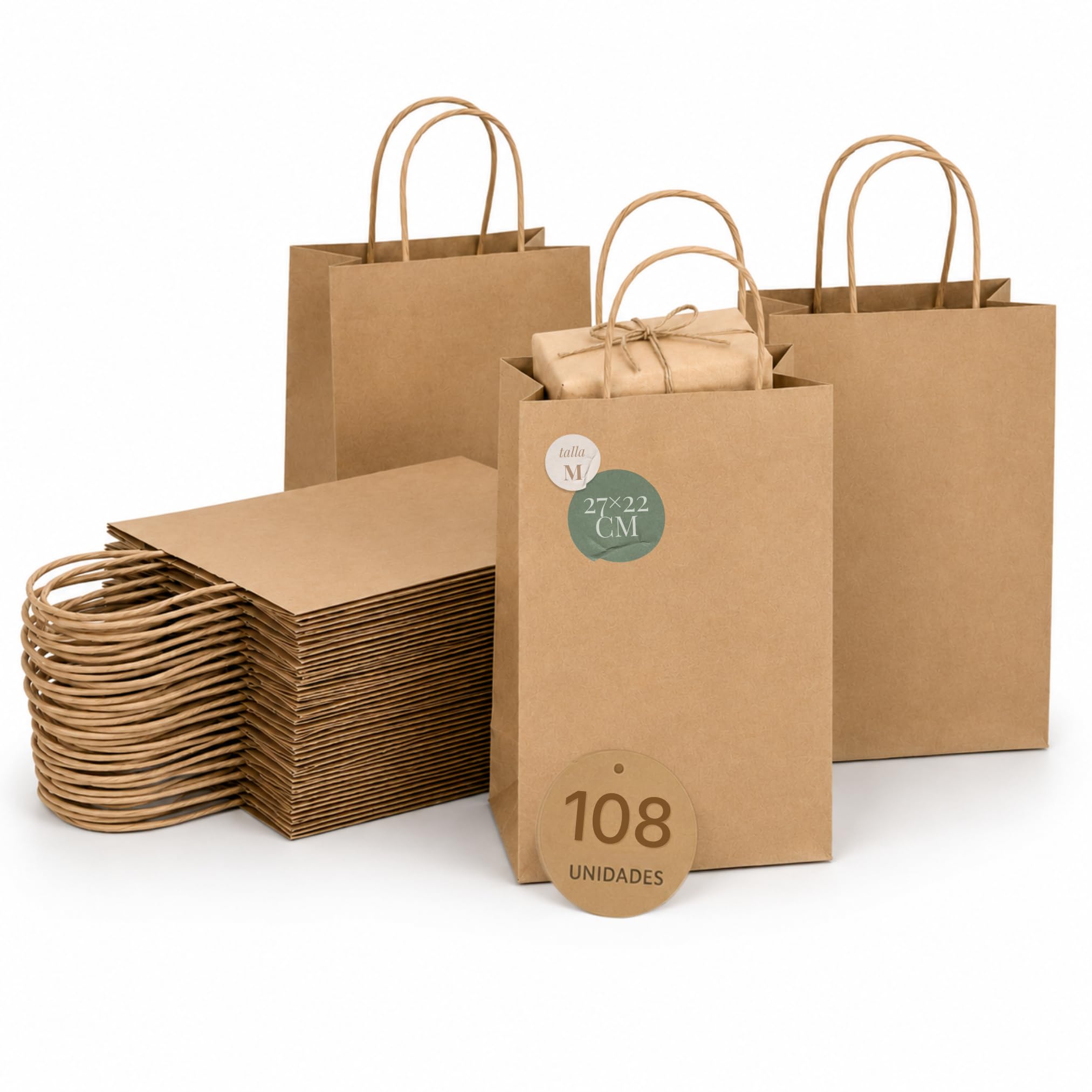 Bolsas Papel Kraft con Asas - Set 108 Unidades - 27 x 22 x 11 cm