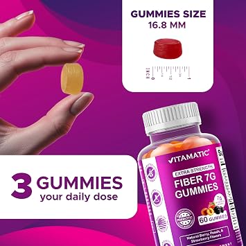 Vitamatic Prebiotic Fiber Gummies for Adults 2 Pack (Total 120 Gummies) 7g Fiber per Serving | Extra Strength | Zero Sugar Added | Pectin-Based | Digestive Health & Regularity Support
