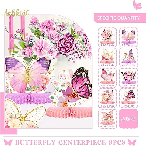 Miniatura 7 de AOBKIAT Decoraciones de fiesta de cumpleaños de mariposa para niñas, 9 piezas de centros de mesa de panal con purpurina para mesas para baby shower,