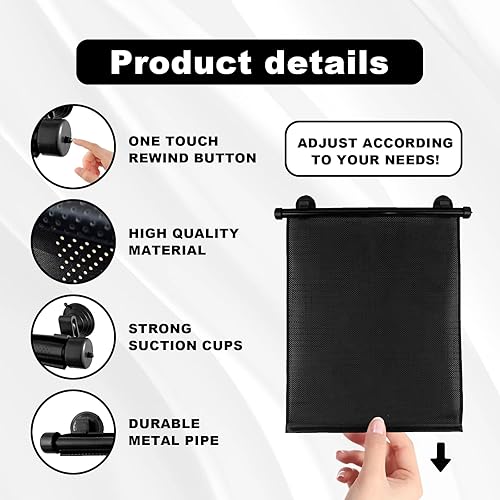 Miniatura 3 de Vrasly Paquete de 2 parasoles enrollables para ventana lateral de automóvil, parasol retráctil para ventana de automóvil para protección UV y