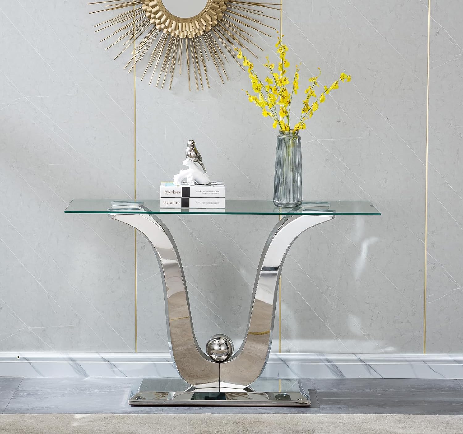 SSLine 1 Piece Living Room Console Table Luxury Glass Entryway Table, Modern Silver Console Table with Flower-Shape Stainless Steel Pedestal Base for Living Room Hallway Corridor(1 Console Table)