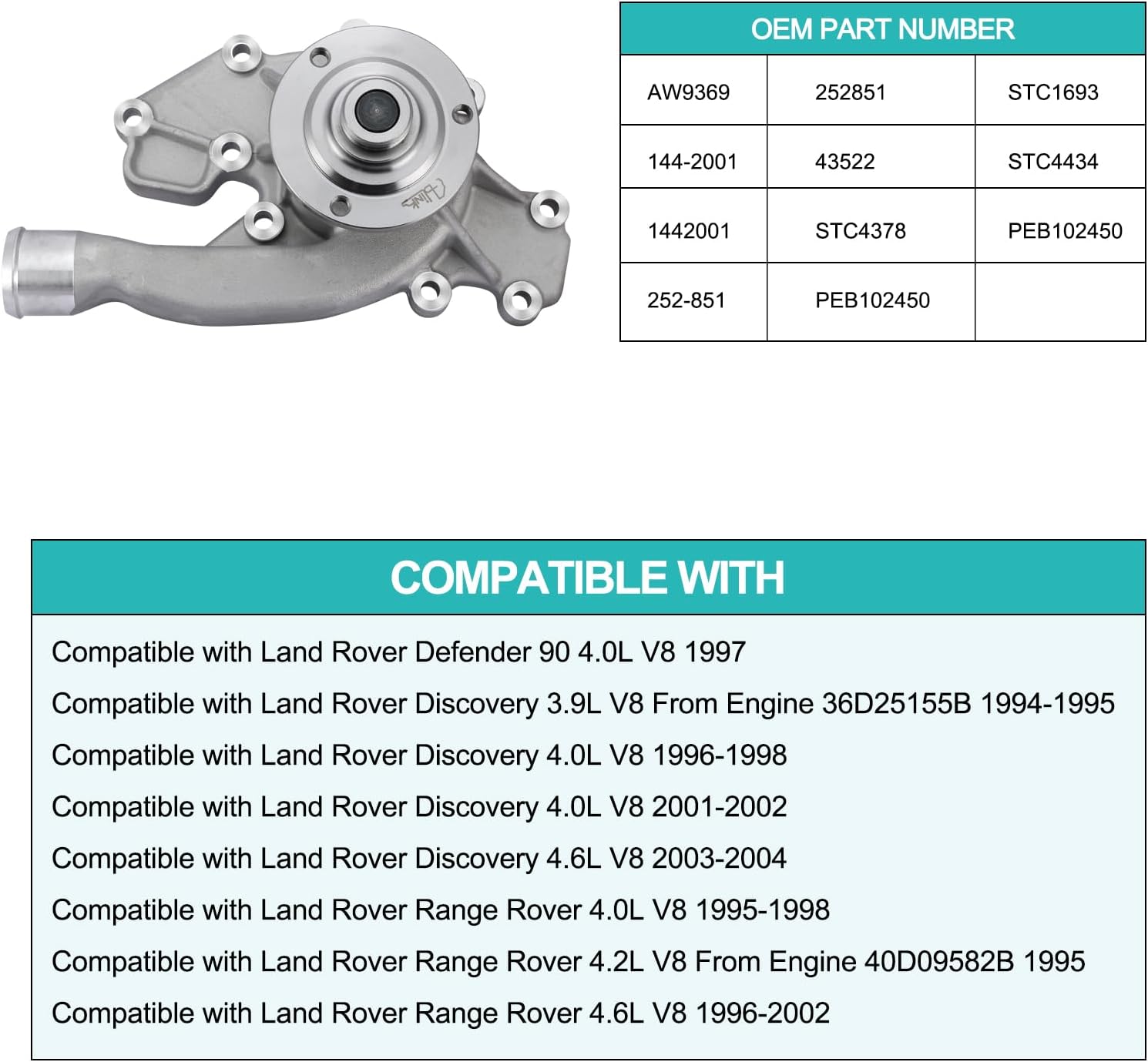 AULINK AW9369 Water Pump Compatible with Land Rover Range Rover 1995 1996 1997 1998 1999 2000 2001 2002,Defender 90 1997,Discovery 1994 1995 1996 1997 1998/2001 2002 2003 2004 3.9L 4.0L 4.2L 4.6L V8