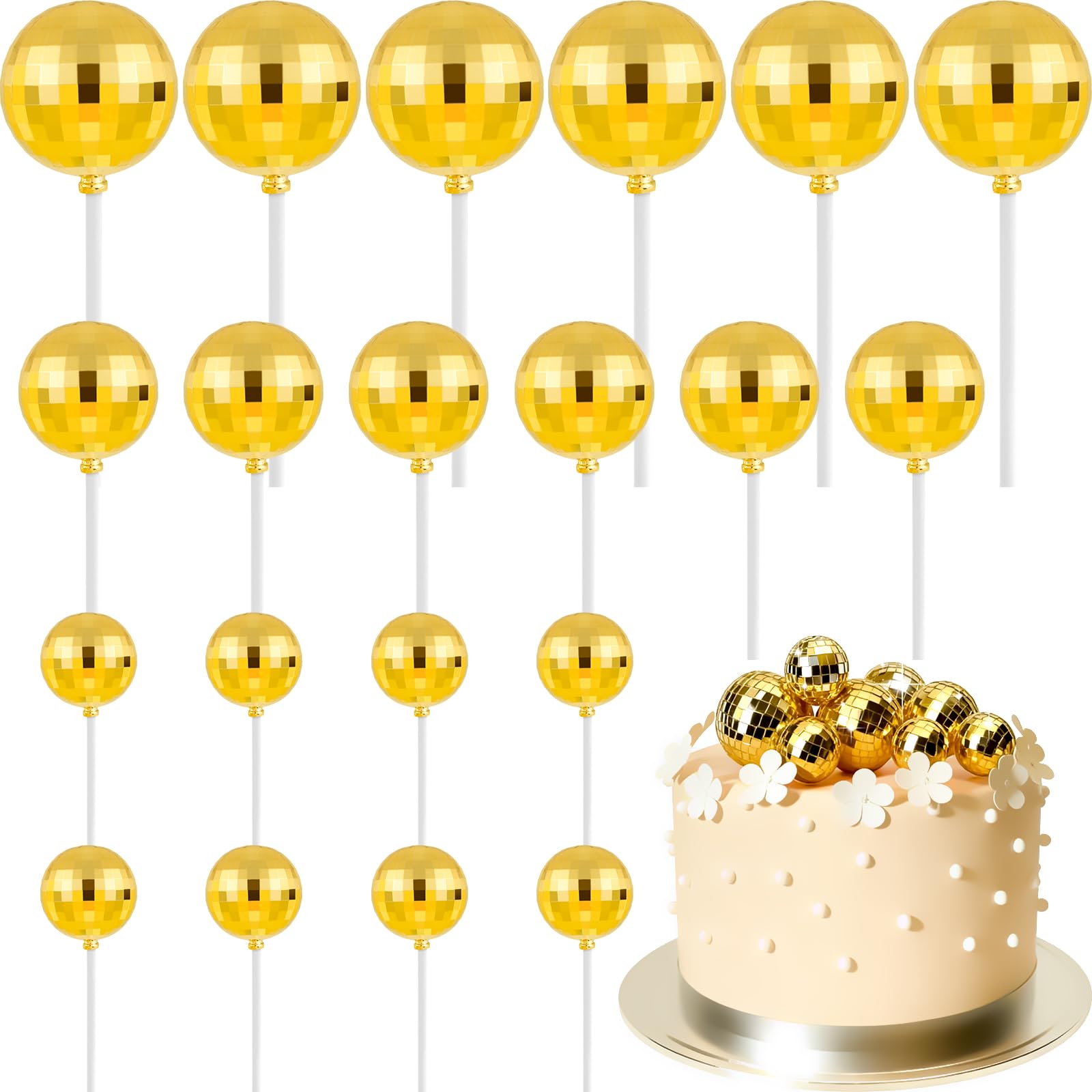 ASTARON 20 Pcs Disco Ball Cake Topper Decorations Sticks Silver Cake Balls Picks Toppers for Birthday Anniversary Disco Retired Theme Party Decorations — view 21