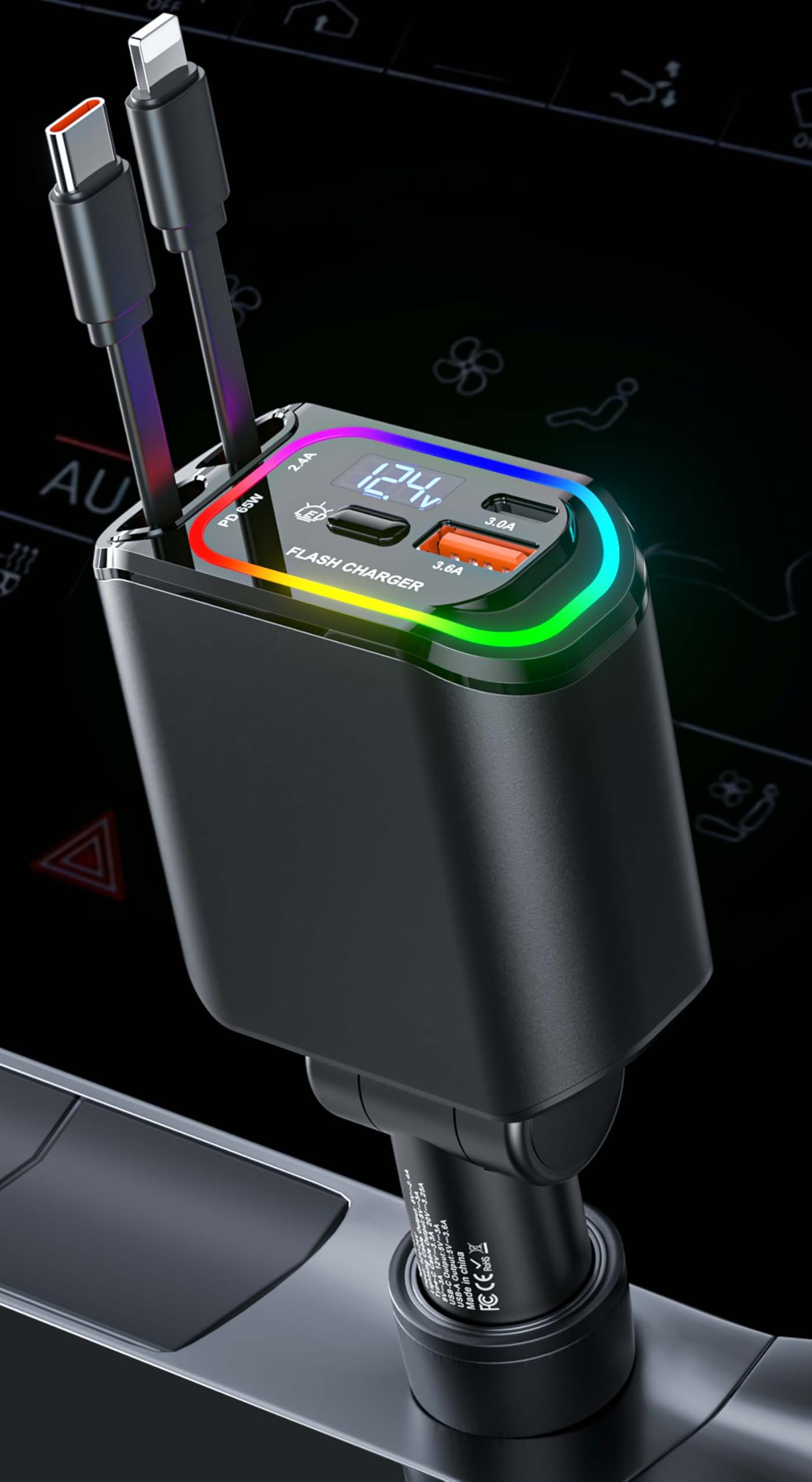 Compact Retractable Car Charger USB C 100W 4 in 1 Fast Charging Car Accessories Car Phone Charger with Retractable Cord(35.5in) and RGB Light for iPhone 16 15 14 13 12 11 Samsung Android Laptops