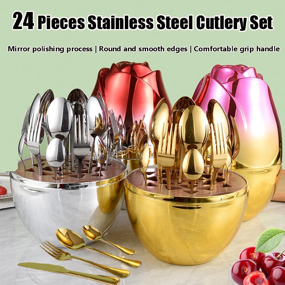 24pcs Stainless Steel Flatware Set, Rose Shape Cutlery Set, Mirror Polished Tableware Eating Utensils Set For 6, Tableware Cutlery Knife Fork Spoon Set, For Home Restaurant,Color-C