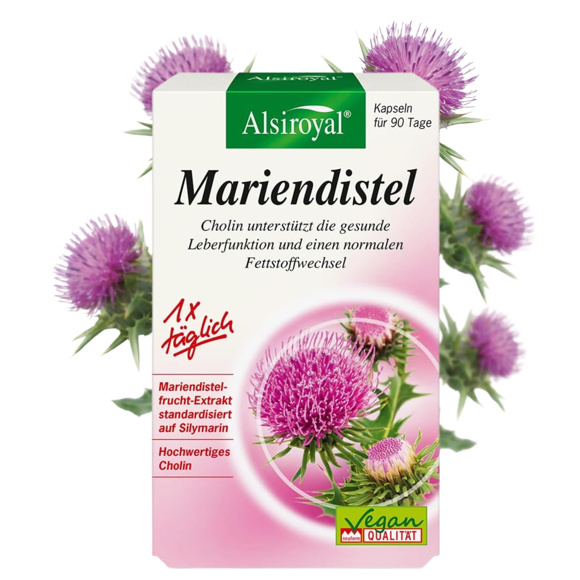 Alsiroyal Mariendistel Kapseln plus Cholin · Leberkomplex · hochdosiert | Mariendistel standardisiert auf 80% Silymarin · Cholin für Leberfunktion & Fettstoffwechsel · nur 1 Kapsel täglich · vegan