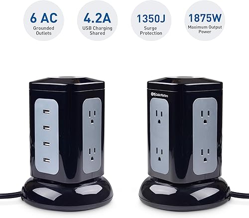 Miniatura 2 de Cable Matters Torre de protección contra sobretensiones de 6 salidas con 4 puertos de carga USB (4.2 A en total) y cable de alimentación extra largo