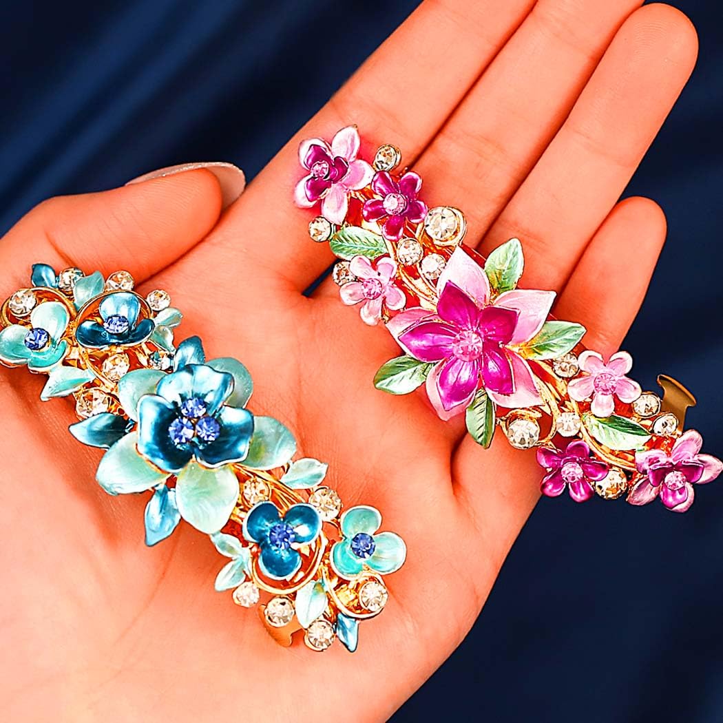 Jovono Flower Barrette Hair Clips Gold Crystal Hair Accessories for Women (2PCS) (Pink+Blue)
