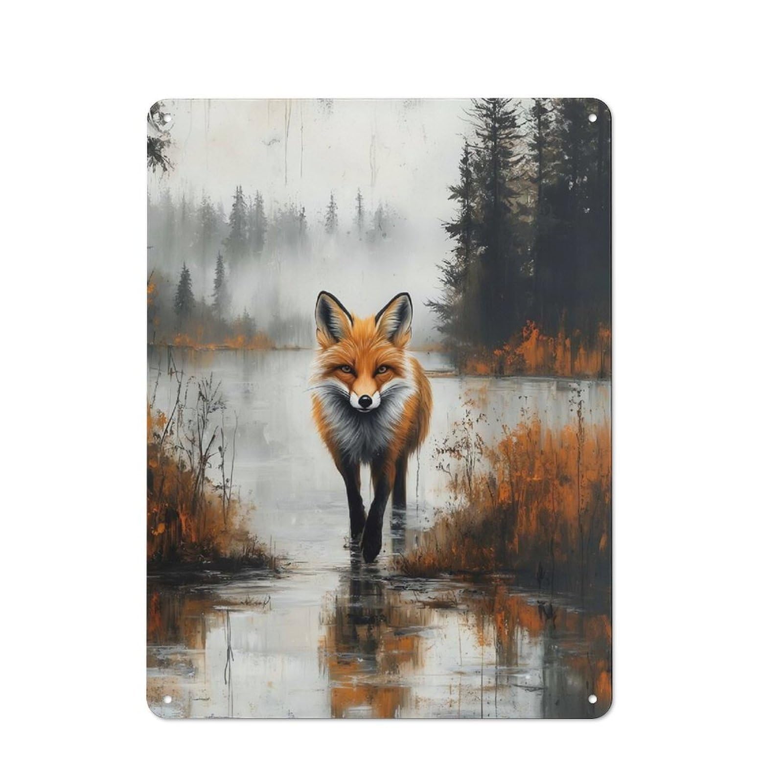 Junmoney Fox In Misty Lake Painting Metal Wall Sign 40X30cm Featuring For Living Room Wall, For Decorating Living Rooms And Feature Walls