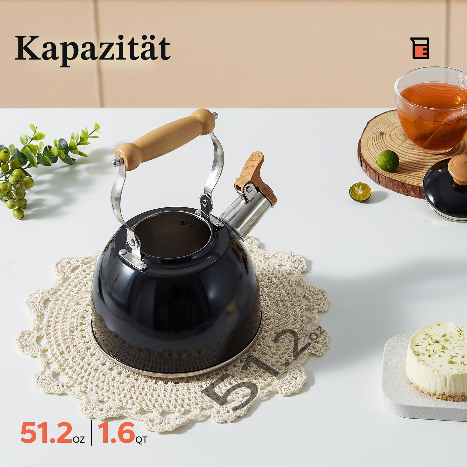 Wasserkessel Induktion, Flötenkessel für alle Herdarten, Edelstahl Teekessel Camping mit Holzgriff, Cool-Touch-Griff Teekanne Vintage 1.5L Schwarz