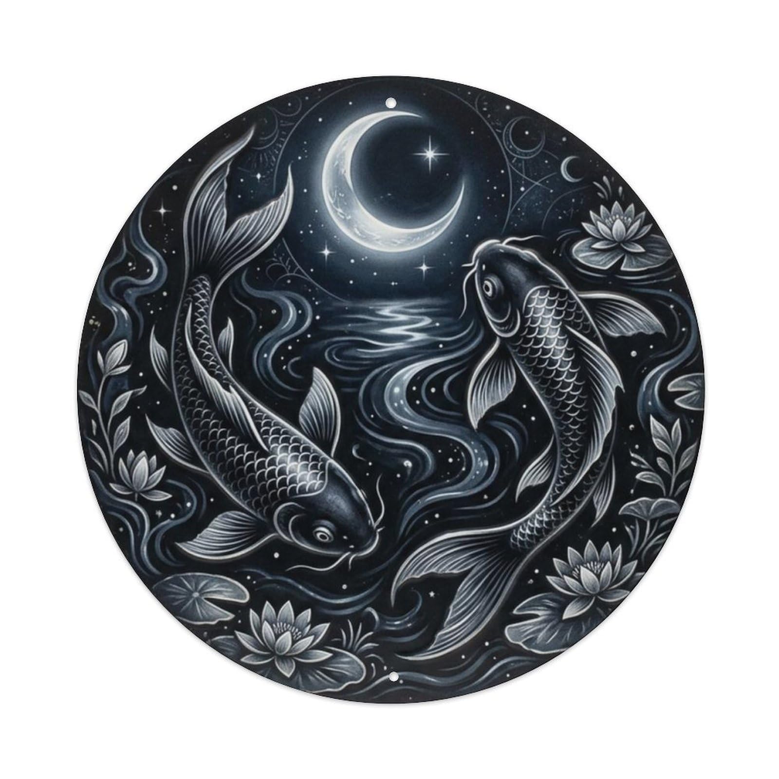 Fqcyn Style Koi Fish Onyx Midnight Koi Entryway Metal Tin Sign Plaque Wall Decor For Cafe, Club Bar, Office, Home Garden Round Metal Poster 8X8inch