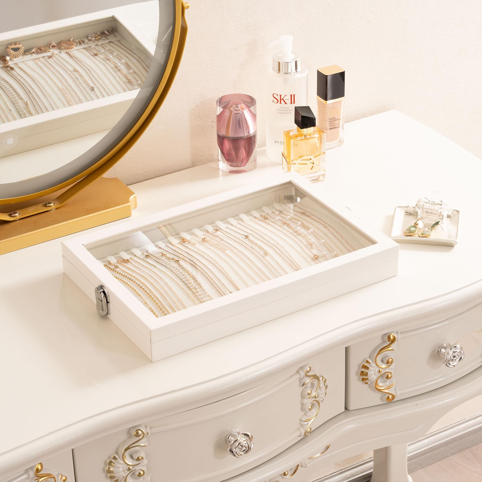 Lolalet Bandeja Organizadora para Collares con Tapa, 18 ganchos para Joyas Caja de Almacenamiento para Cajón -Beige