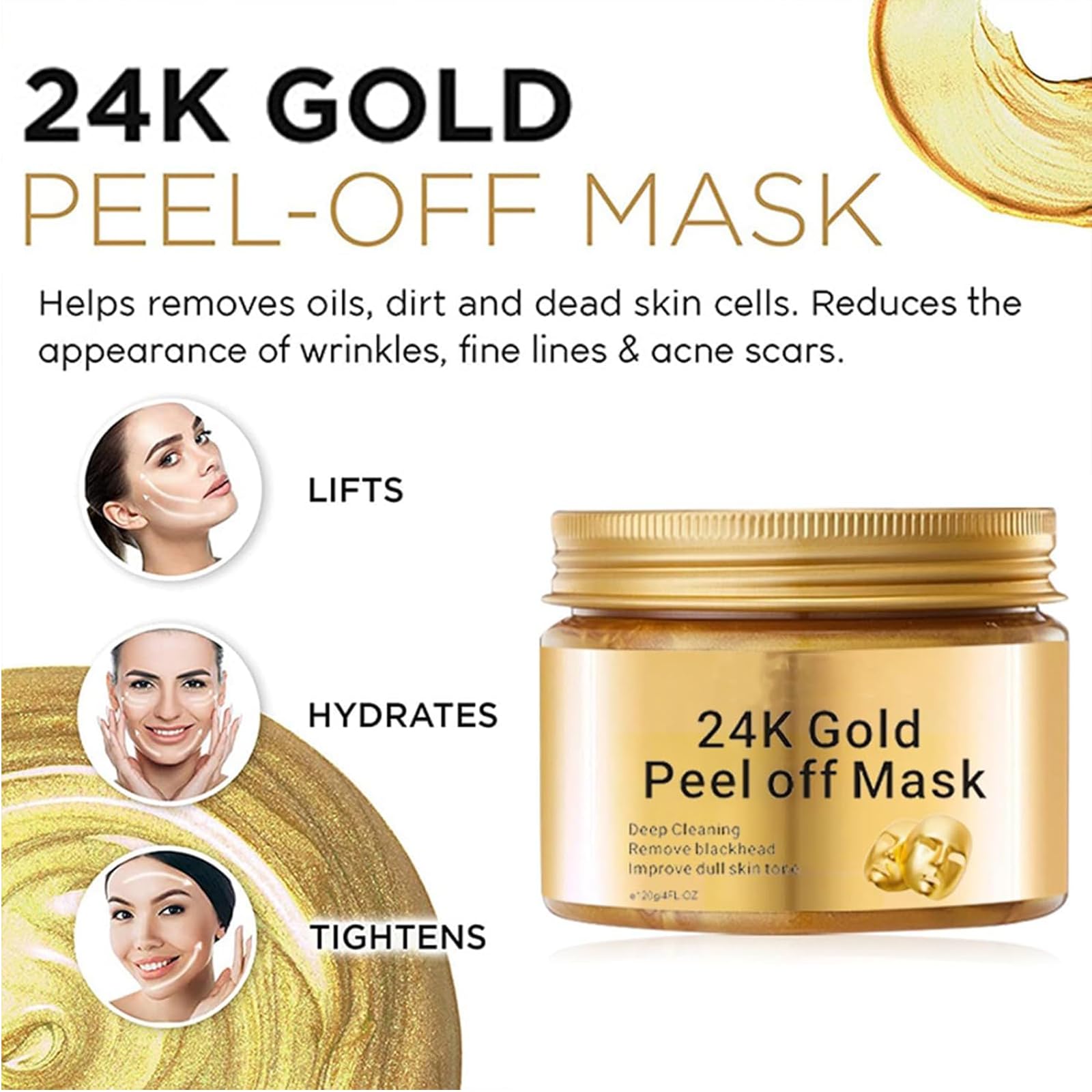 24K Gold Peel Off Face Mask,Anti-Wrinkle,Hydrating & Firming Facial Treatment,Deep Cleansing Pore Mask with Collagen & Hyaluronic Acid,Blackhead Remover for Women & Men,120ml - Image 2