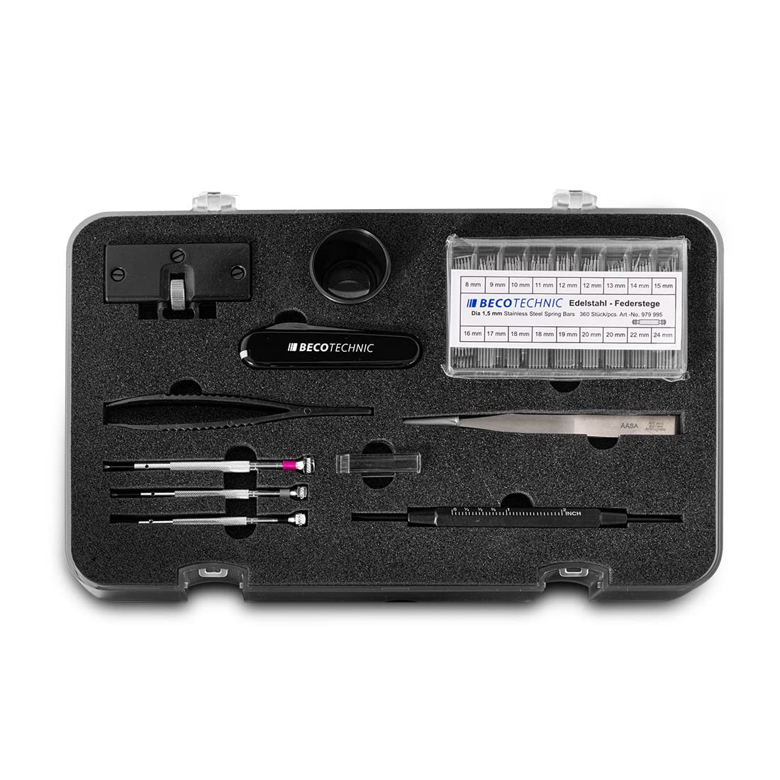 Magnum Uhrmacher-Service-Set mit 10 Werkzeugen Uhrenreparaturset Werkzeug, Schraubendreher, Pinzette, Lupe, Gehäuseöffner und Federstege