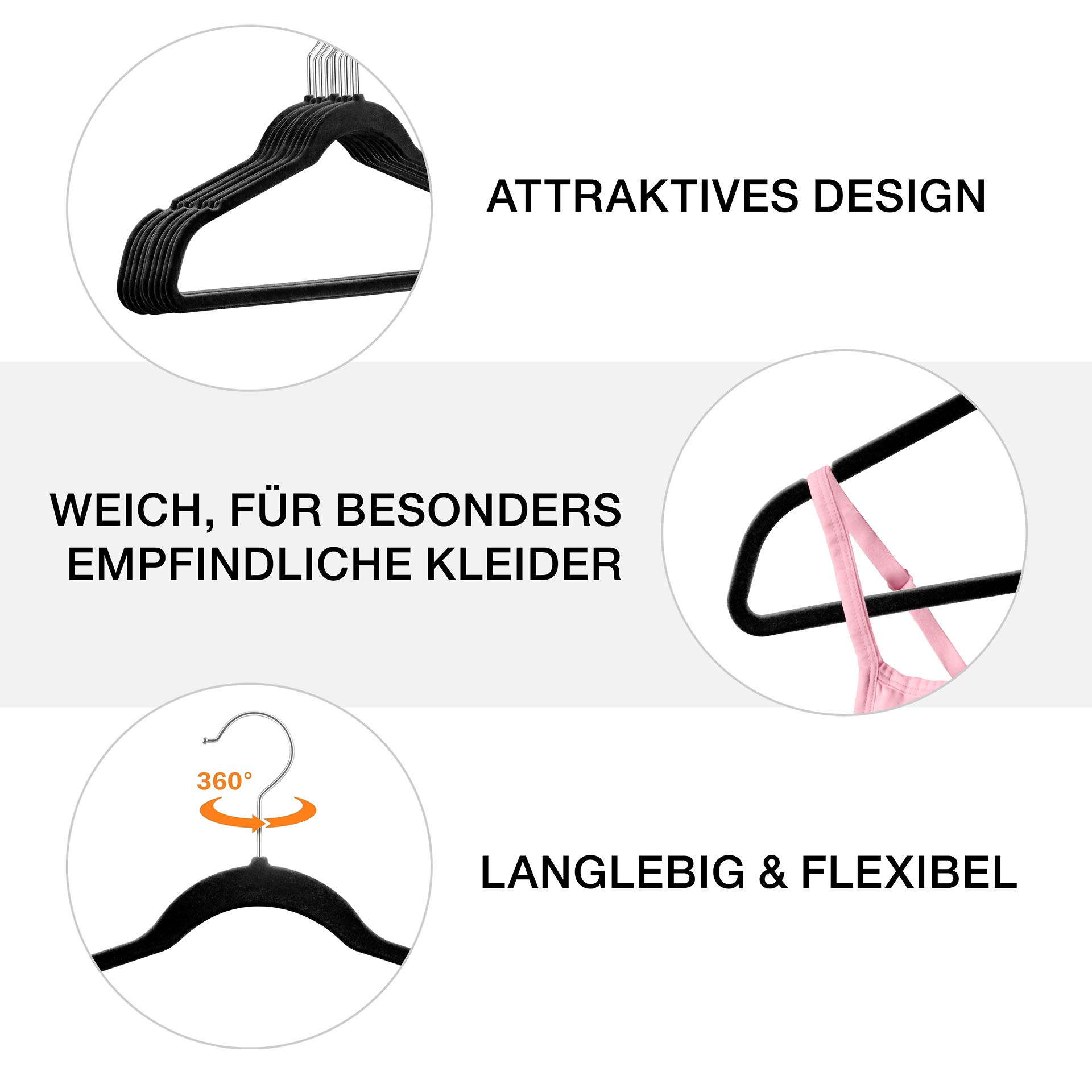 200 Stück hochwertige Samt Kleiderbügel in der Farbe Schwarz mit Silber Haken/Anti-Rutsch/von StickandShine