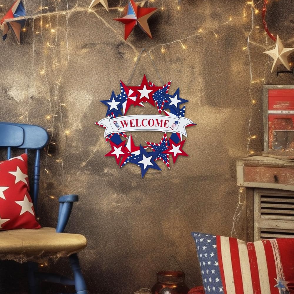 DECSPAS 4th of July Decorations, 250th Anniversary Fourth of July Wooden Welcome Wall Signs, Patriotic Star Wreaths for Front Door, Memorial Day Hanging Crafts for Home Mantel Indoor Farmhouse Decor