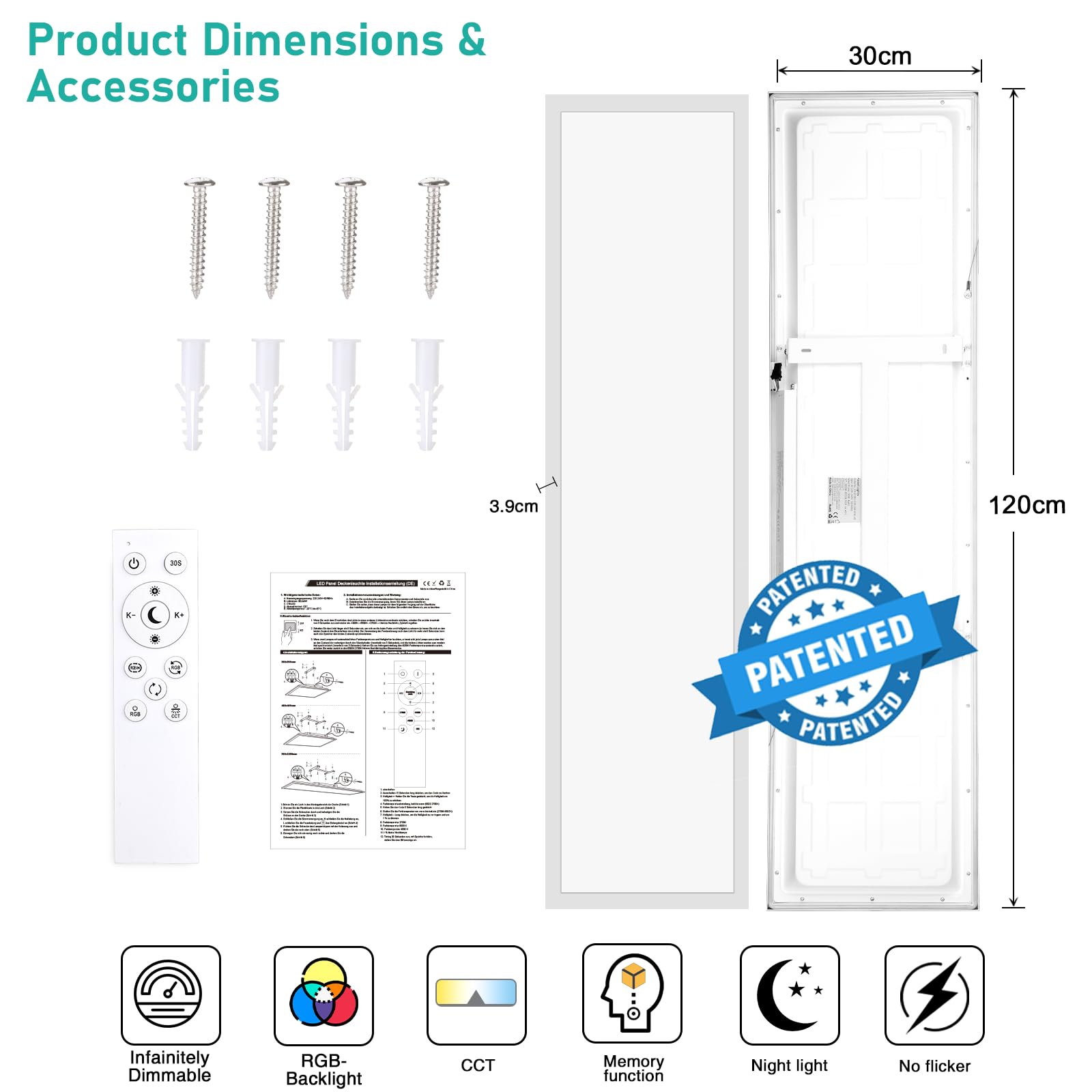 Oraymin 3x LED Panel 120x30cm Deckenleuchte Dimmbar mit RGB, 40W 4800LM Deckenlampe mit Fernbedienung, Speicherfunktion, 3000K-6500K Lampe für Wohnzimmer Schlafzimmer Küche Büro