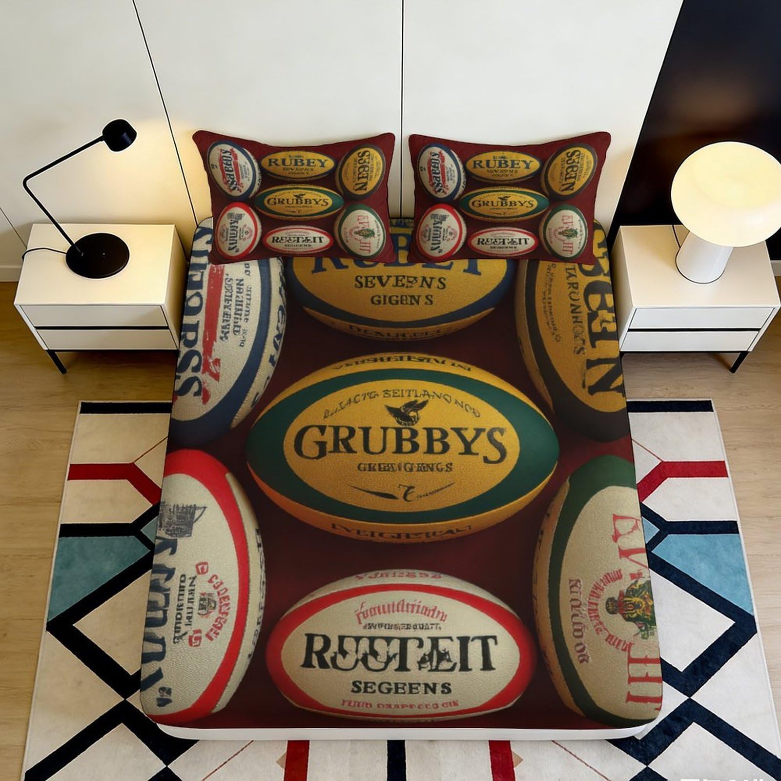 3D Printed Rugby Ball Pattern Fitted Sheet Microfiber Soft Breathable Sports Bed Cover for Bedroom Dorm Decor 90x200x25cm